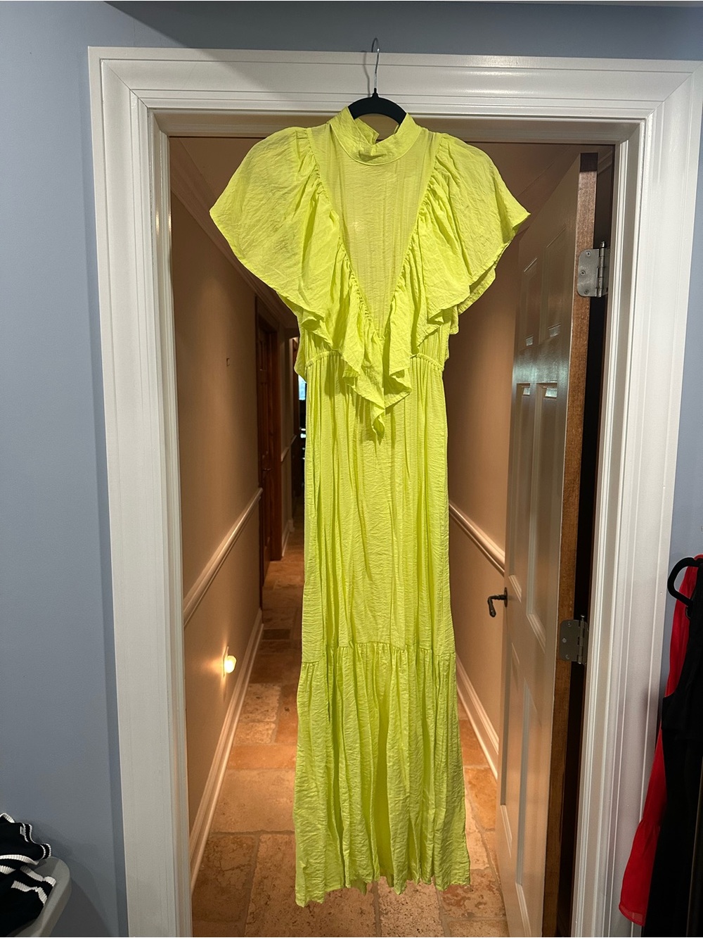 Flowy Lime Maxi Dress with Ruffle Details